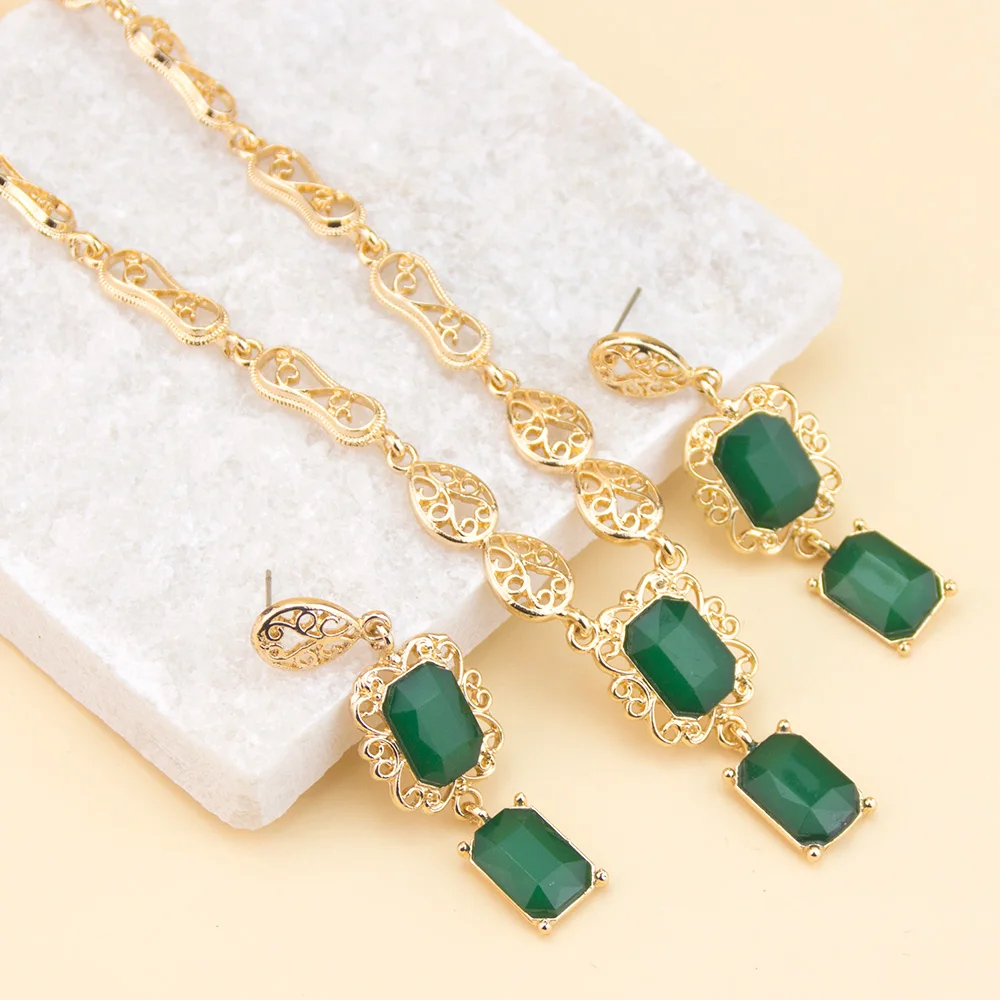 Sunspicems Algeria Moroccan Necklace Earring Set For Women Luxury Arabic Crystal Square Pendant Neck Chian Bridal Jewelry