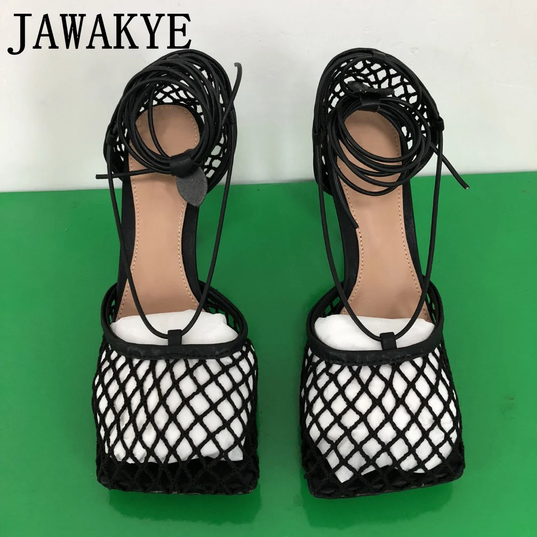 Summer Net Mesh Square Toe Sandals For Women High Heels Real Leather Ankle Cross Tied Designer Party Shoes Woman Sexy Sandals