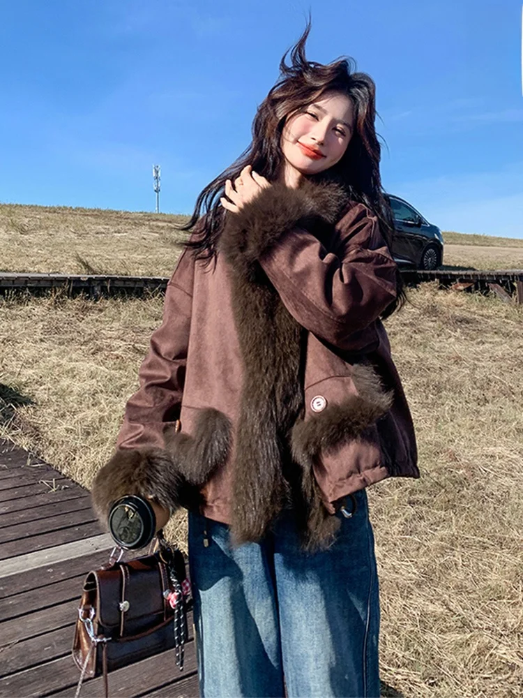 

Thickened Rabbit Fur Inner Short Parka Coat Women's Winter Warm Outerwear V-Neck Long Sleeve Korean Style Commute Friendly