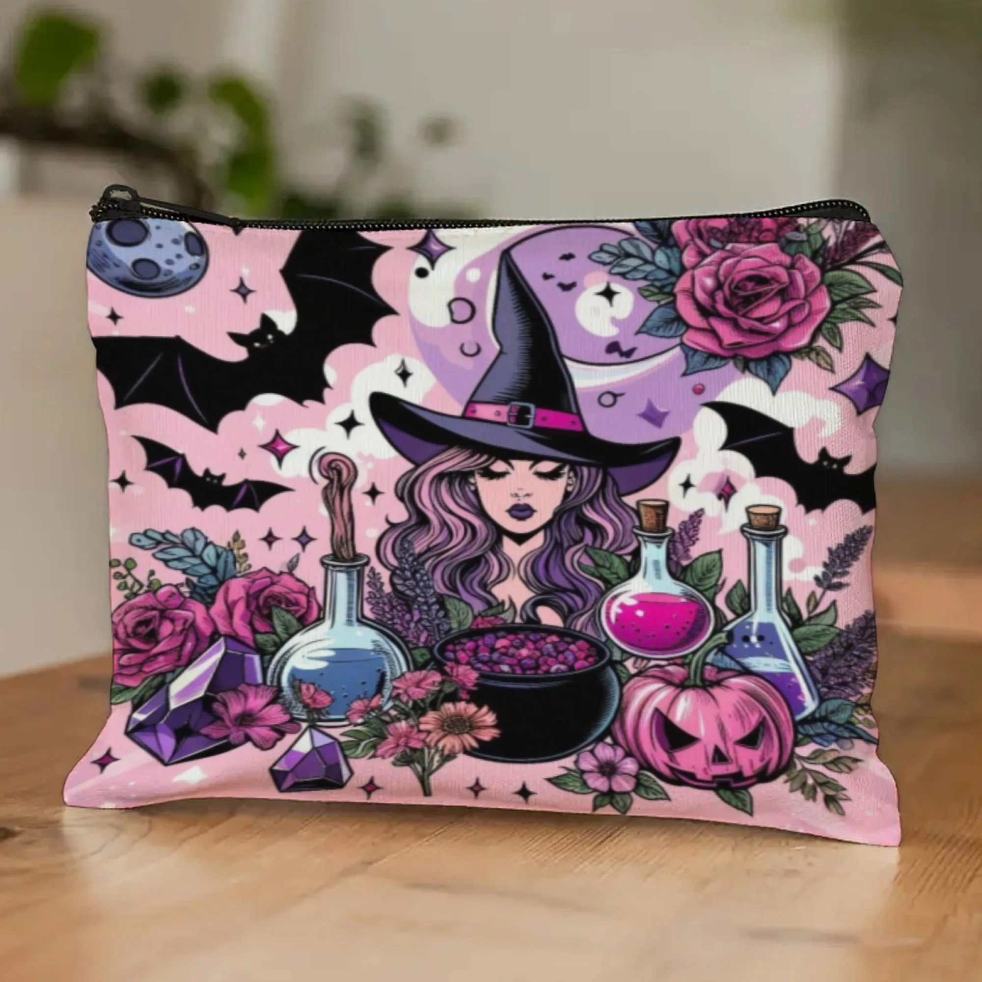 

Новая косметичка с узором «Волшебная ведьма», портативная дорожная сумка на молнии, пенал для карандашей, кошелек для монет, подарок для девочек на Хэллоуин