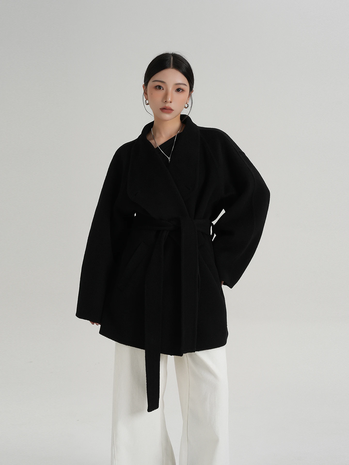 

Двустороннее шерстяное пальто SRYS AME Ele, удлиненное, с поясом, женская верхняя одежда, утепленное, зимнее, новинка, V-образный вырез, длинный рукав