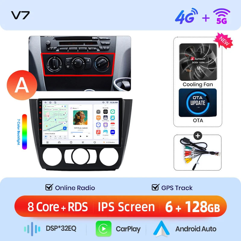Junsun draadloze CarPlay Android Auto autoradio voor BMW 1 Serie (E81/E82/E87/E88) 2004-2013 met ingebouwde koelventilator, Android GPS navigatie, multimediaspeler, WiFi, DSP, RDS, BT, SWC, IPS