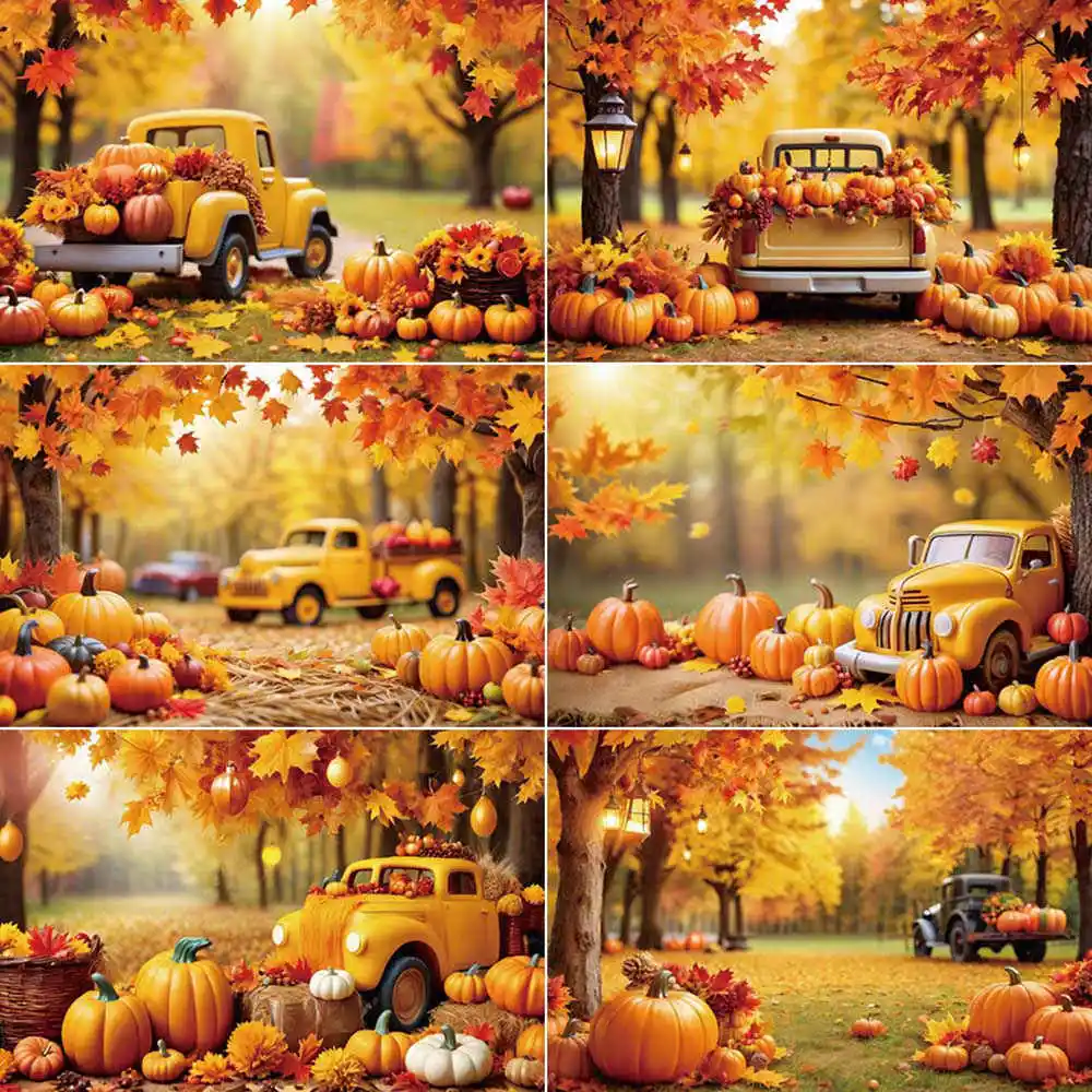 

MOON.QG Autumn Farm Photo Studio Background Thanksgiving Harvest Photograph Backdrop Fallen Leaves Truck Pumpkin Party Back Drop