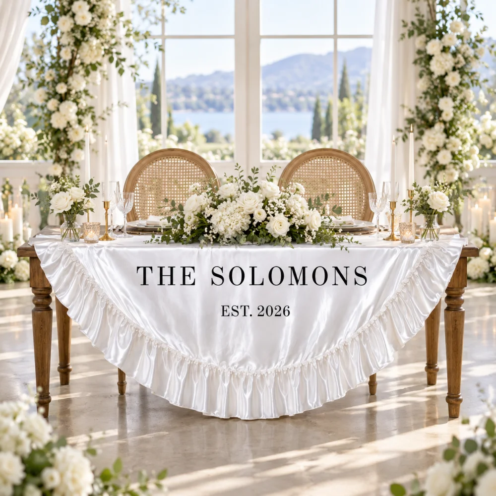 1Pc Personalized Custom Text Satin Tablecloth Ruffle Round Table Cover for Wedding Reception Sweetheart Table Engagement Decor