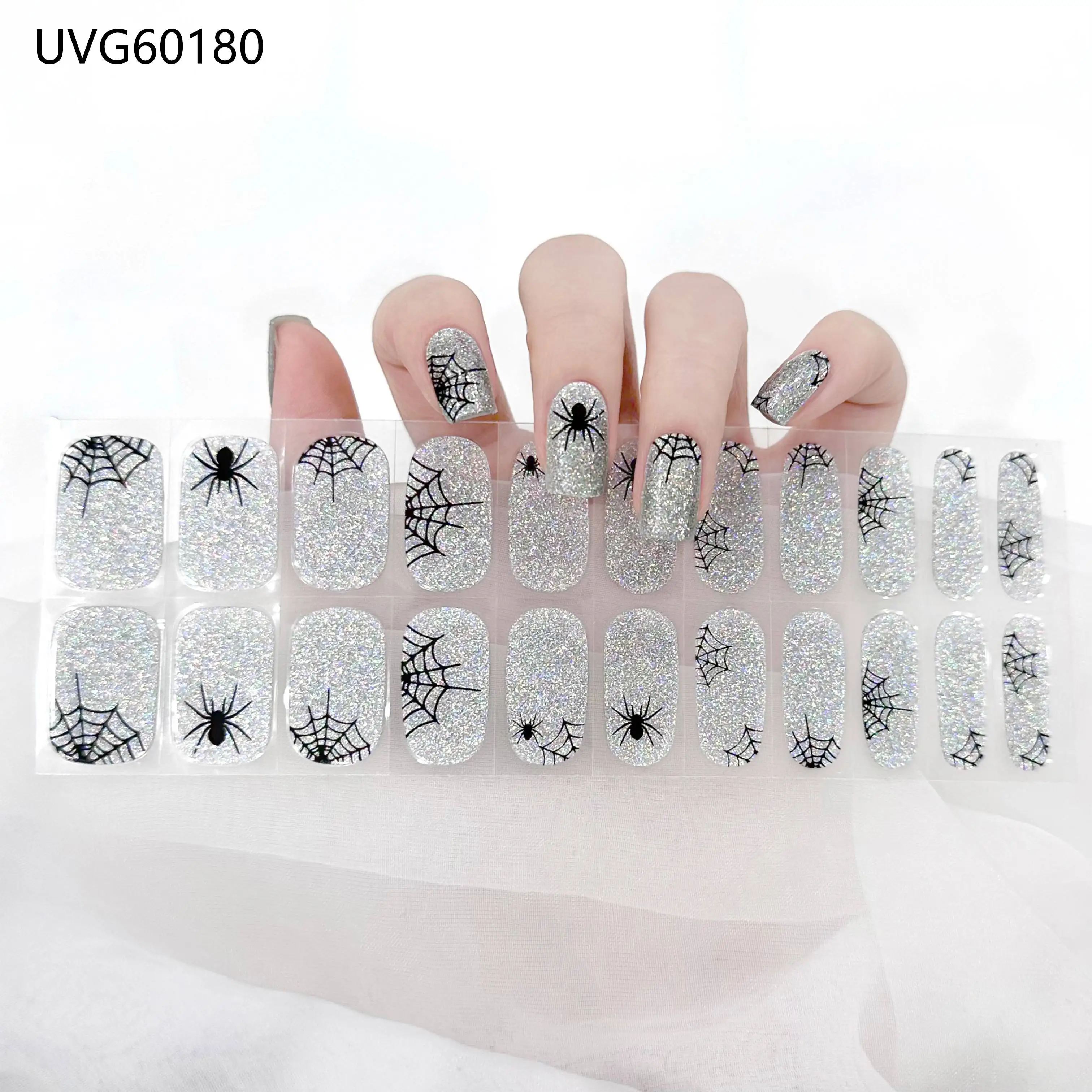 Autocollants pour ongles en gel semi-durcissant UV, longue durée, couverture complète, feuille scintillante, décorations pour nail art, Halloween, 22 bandes