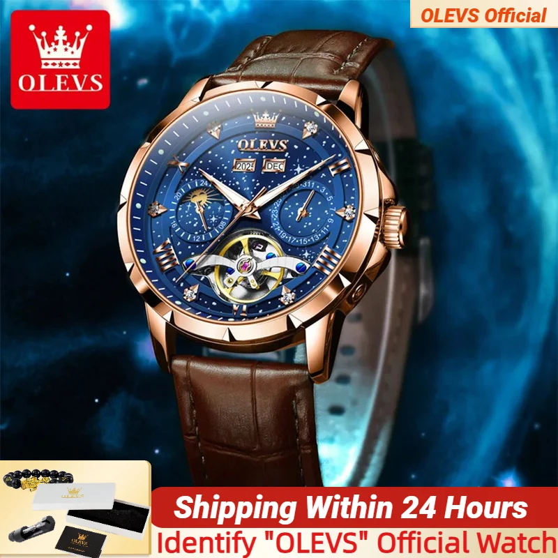 

OLEVS 6690, новые мужские автоматические часы, синий кожаный ремешок, механические часы со звездным небом и фазой Луны, циферблат для мужчин