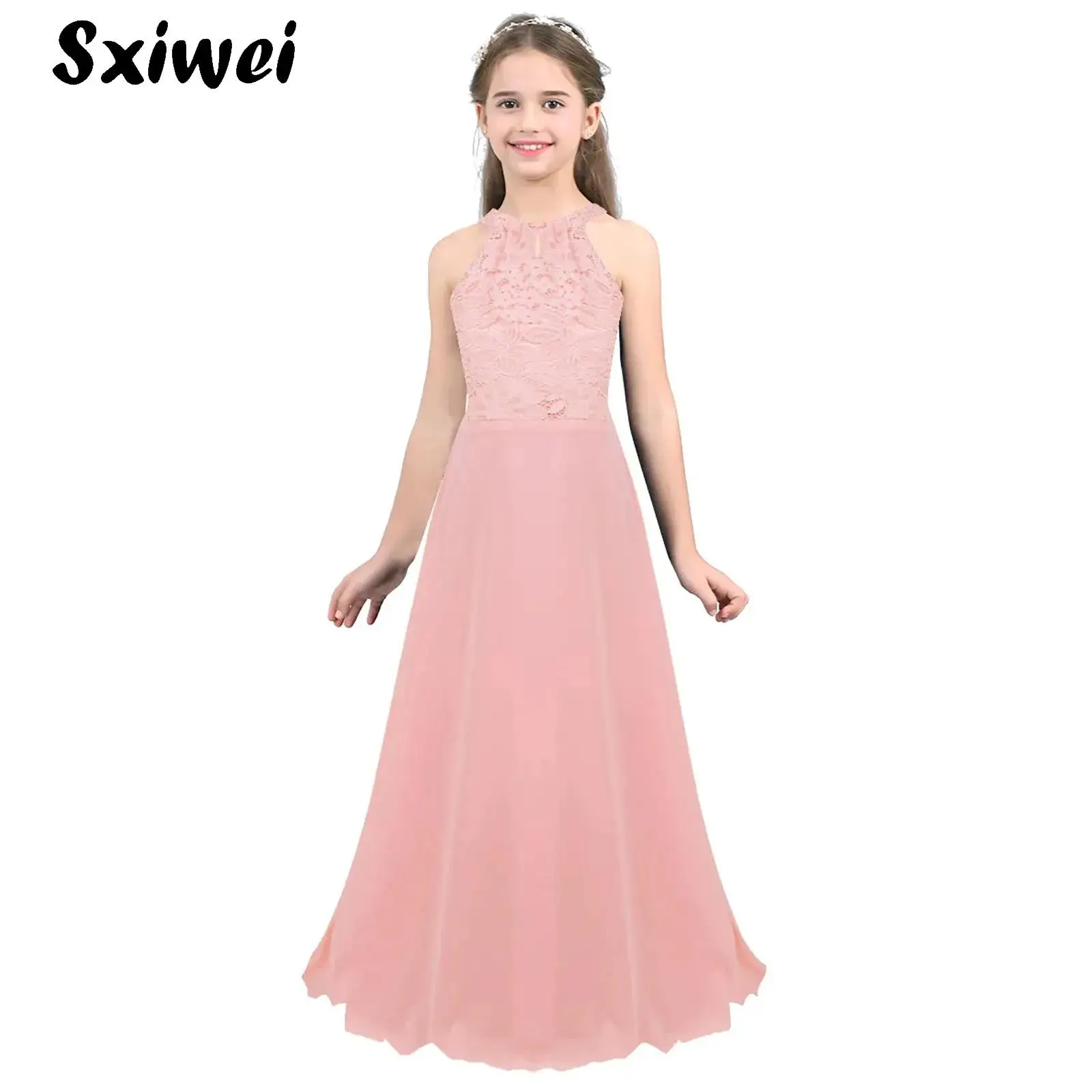 

Girls Bridesmaid Dresses Halterneck Lace Long Dress Wedding Evening Communion Party Birthday Christening Princess Dress Gift