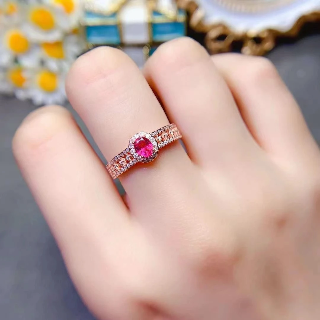 Solid 925 Silver Pink Tourmaline Ring 4mm*5mm 0.4ct Natural Tourmaline Ring with 3 Layers 18K Gold Plated