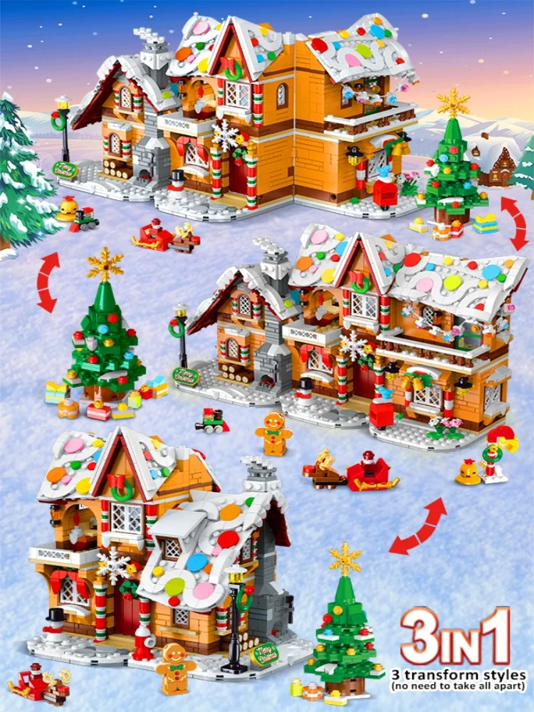 HOGOKIDS 1397 Teile 3-in-1 Weihnachts-Lebkuchenhaus Bausteine Spielzeug Schneehaus mit Weihnachtsmann, Weihnachtsbaum und Zug für Erwachsene und Jugendliche Weihnachtsgeschenk Heimdekoration
