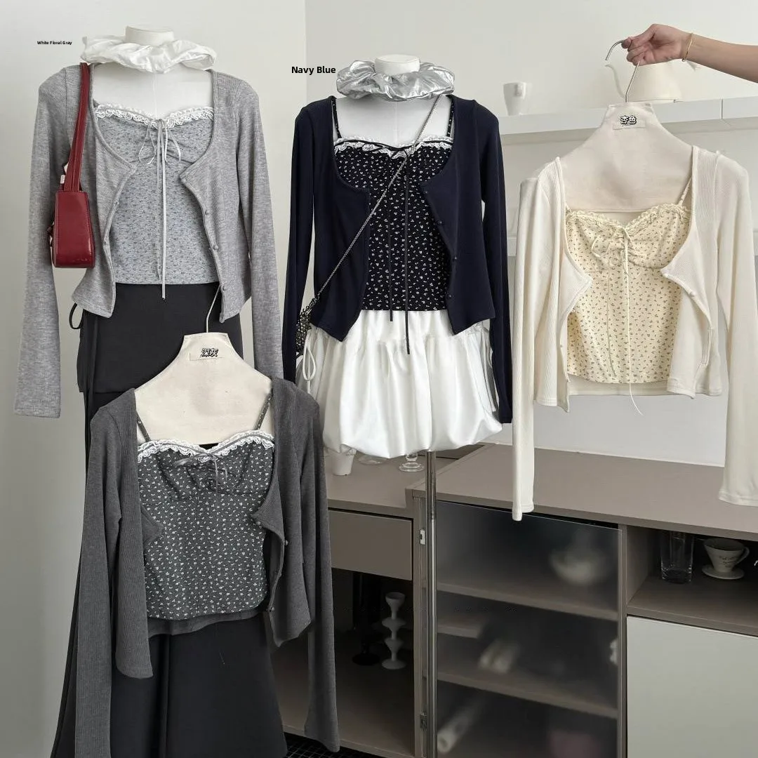 

Pure Desire Кружевной кардиган с цветочным принтом на бретелях, комплект из двух предметов, женский осенний тонкий длинный топ све, комплект из двух предметов Ultra (3)