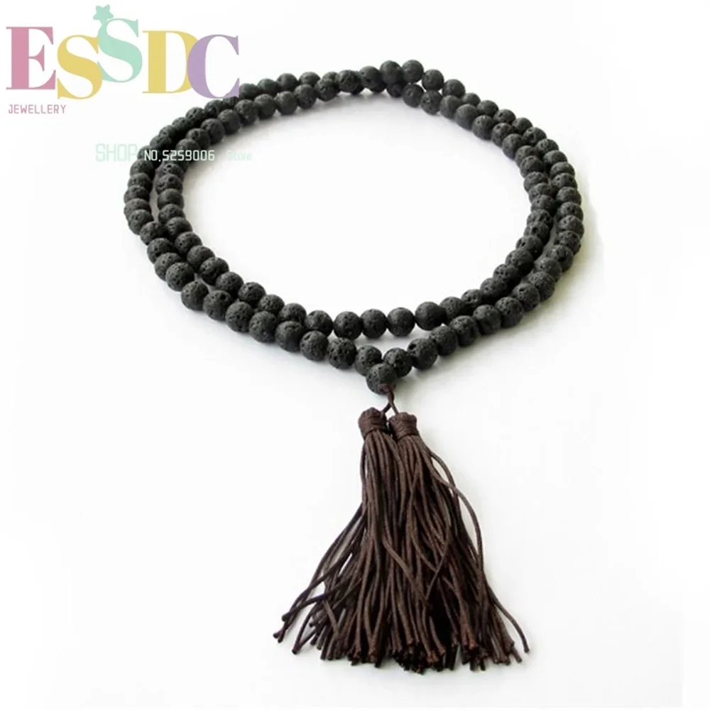 

Natural Black Volcanic Rock Bead 108 Prayer Mala Brown Tassel Long Bracelet or Necklace Yoga Meditation Unisex Jewelry Wholesale