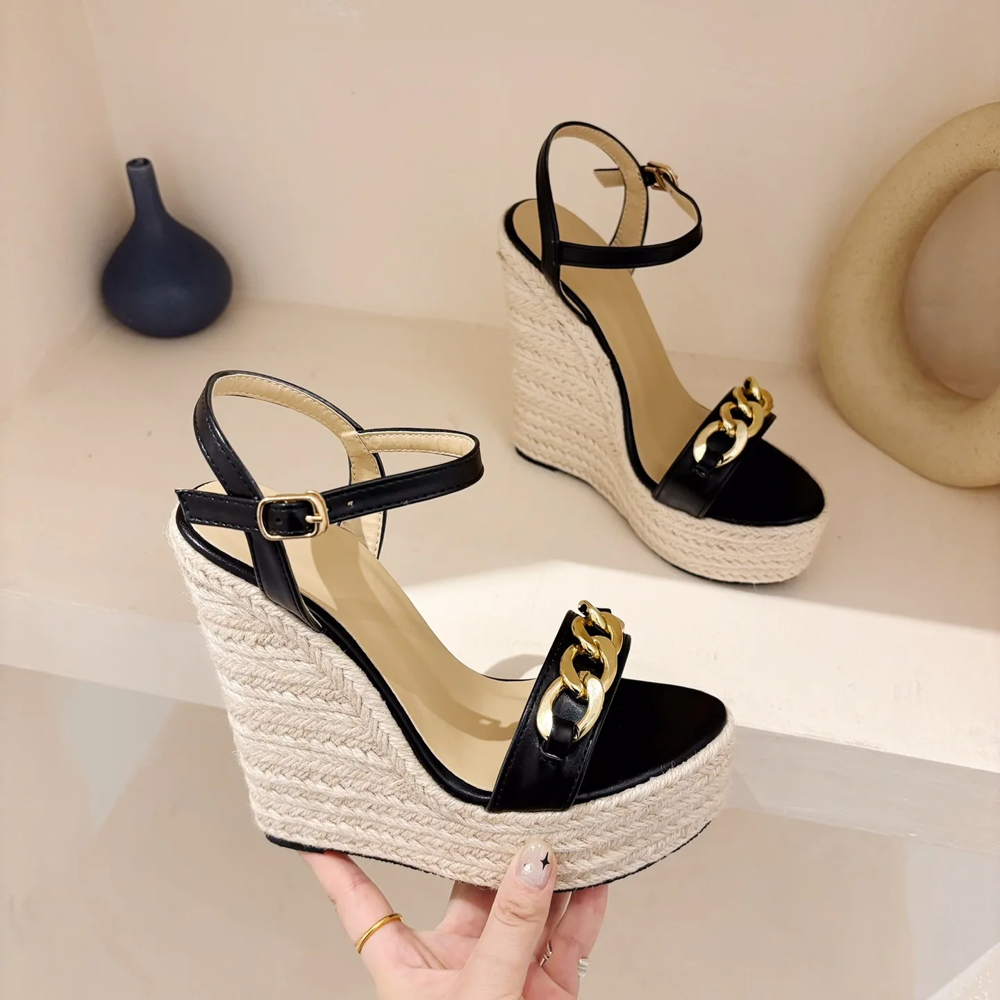 2024 Summer New Woven Hemp Rope Wedges Woman Sandals Platform Peep Toe Chain Decoration Ankle Buckle Strap High Heels Shoes