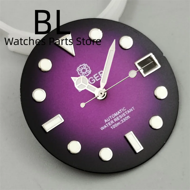 BLIGER 29mm Watch Dial Sunburst BLack Bronze Gradient Black Purple Dial With Green Luminous Fit NH35 Movement For 3/3.8 Crown