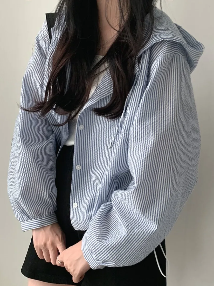 Chic Frühen Herbst Faion Vertikale Streifen Farbe Blo Mit Kapuze Lose Casual ort Mantel frauen Button up Sli Pendeln Tragen