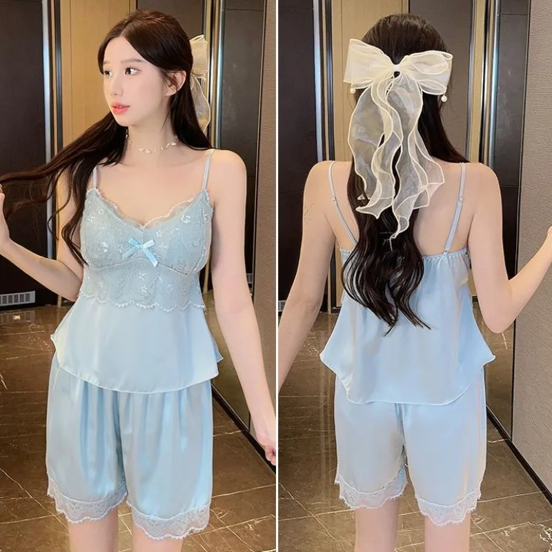 Silk Suspenders Pajamas Women Summer Nightwear Thin Lace Loungewear Sexy Luxury Homewear 2024 New Sling Set Shorts Sleepwear