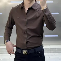 Spring Summer New Smart Casual Thin Shirt Men's Solid Lapel Button Slim Korean Fashion Simple Trend Versatile Long Sleeved Top