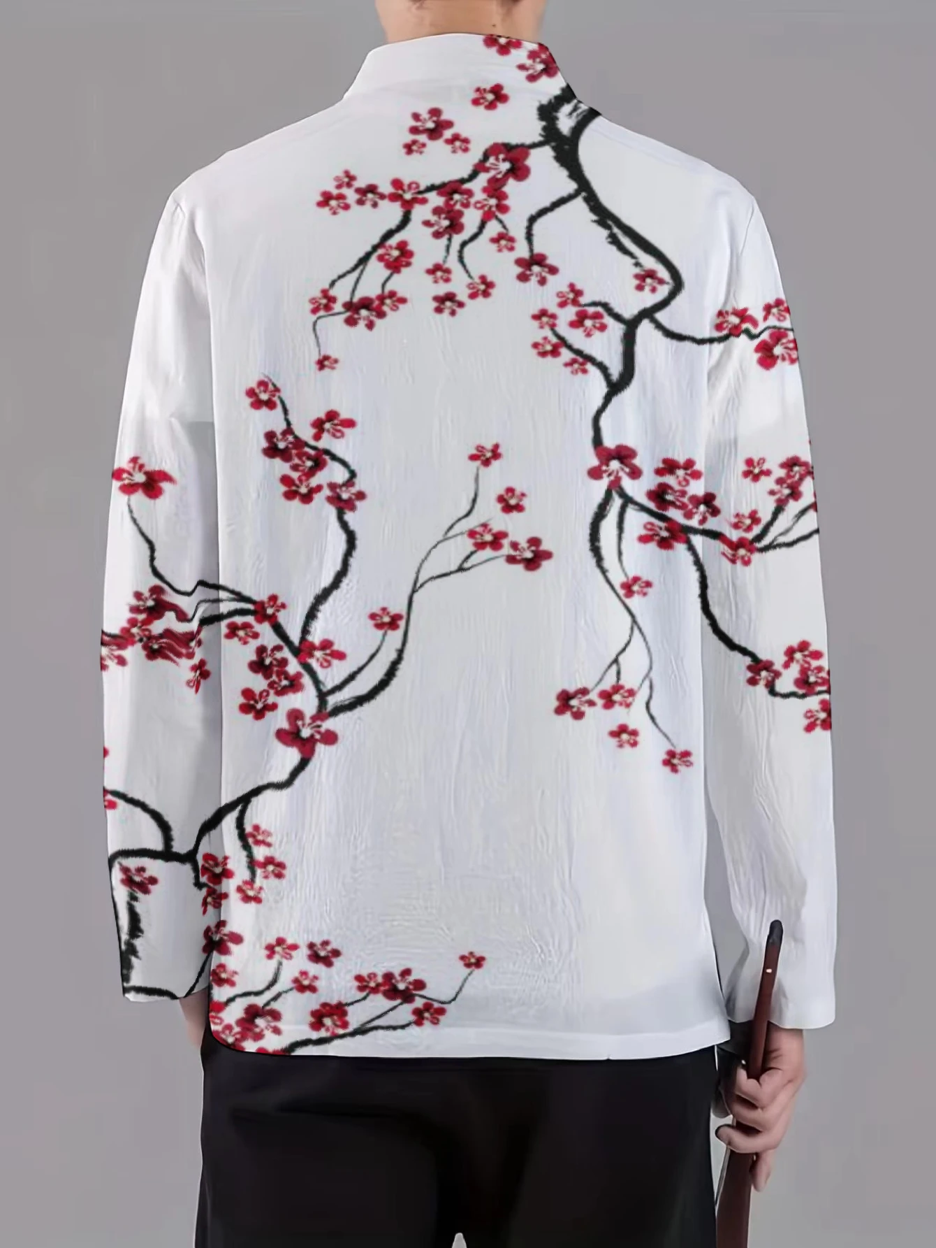 Men Mandarin Collar Frog Button Jacket Abstract Cat Ink Blossom Print Traditional Outerwear