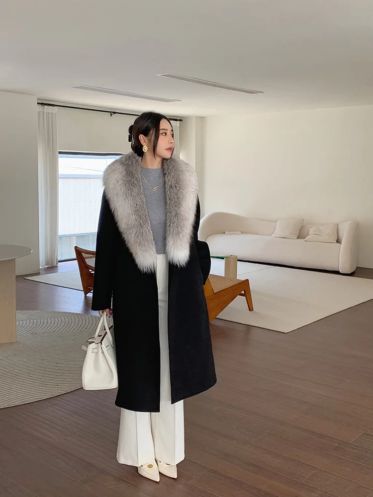 Women Cashmere Cardigan With Fur Natural Silver Fox Fur Coat Long Wool Blends Coat Rela Fur Collar Cuffs 2024 Best Selling