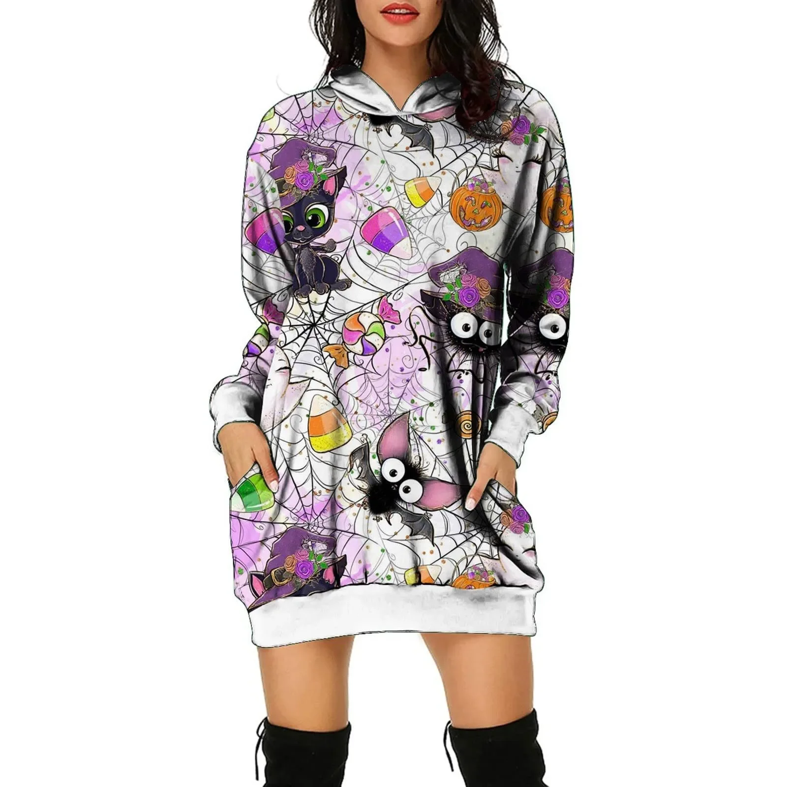 Frühling Herbst 2024 Frauen Sport einteiliges Kleid Damen Langarm 3D Digitaldruck Halloween Teufel Hoodie Kleid