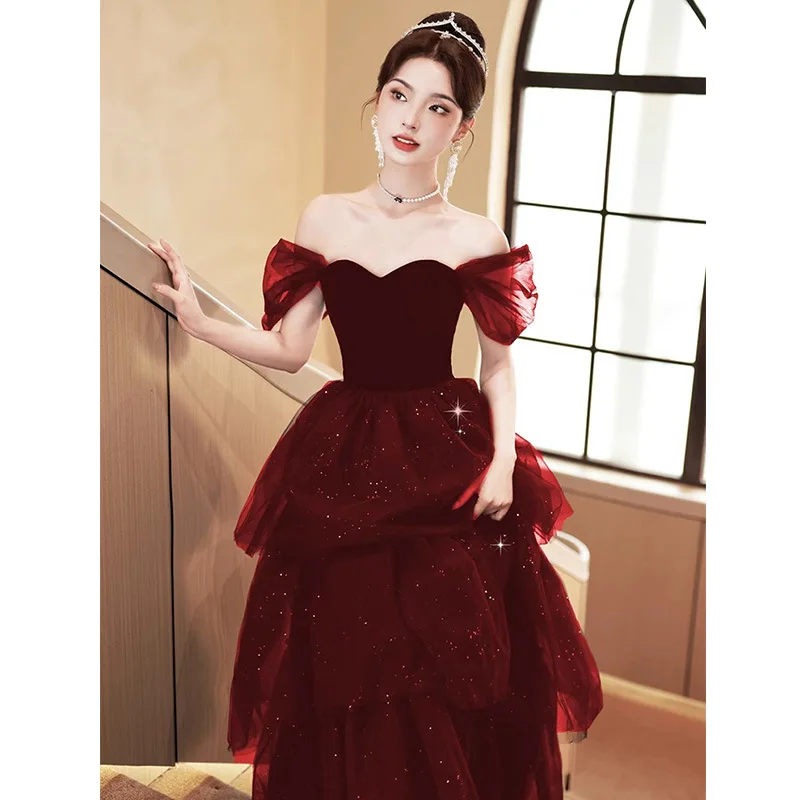 Wine Red Tulle Toasting Attire Women Off Shoulder Sequin Tiered Banquet Evening Dresses Exquisite Elegant Performance Gown