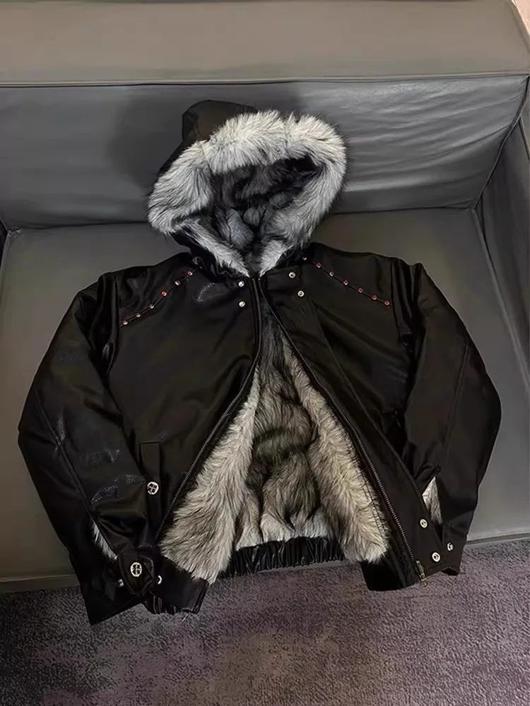 Black Spine Serpent heavy-duty mountain bear PU leather jacket hood men's winter padded thick warm cotton coat fur collar cotton