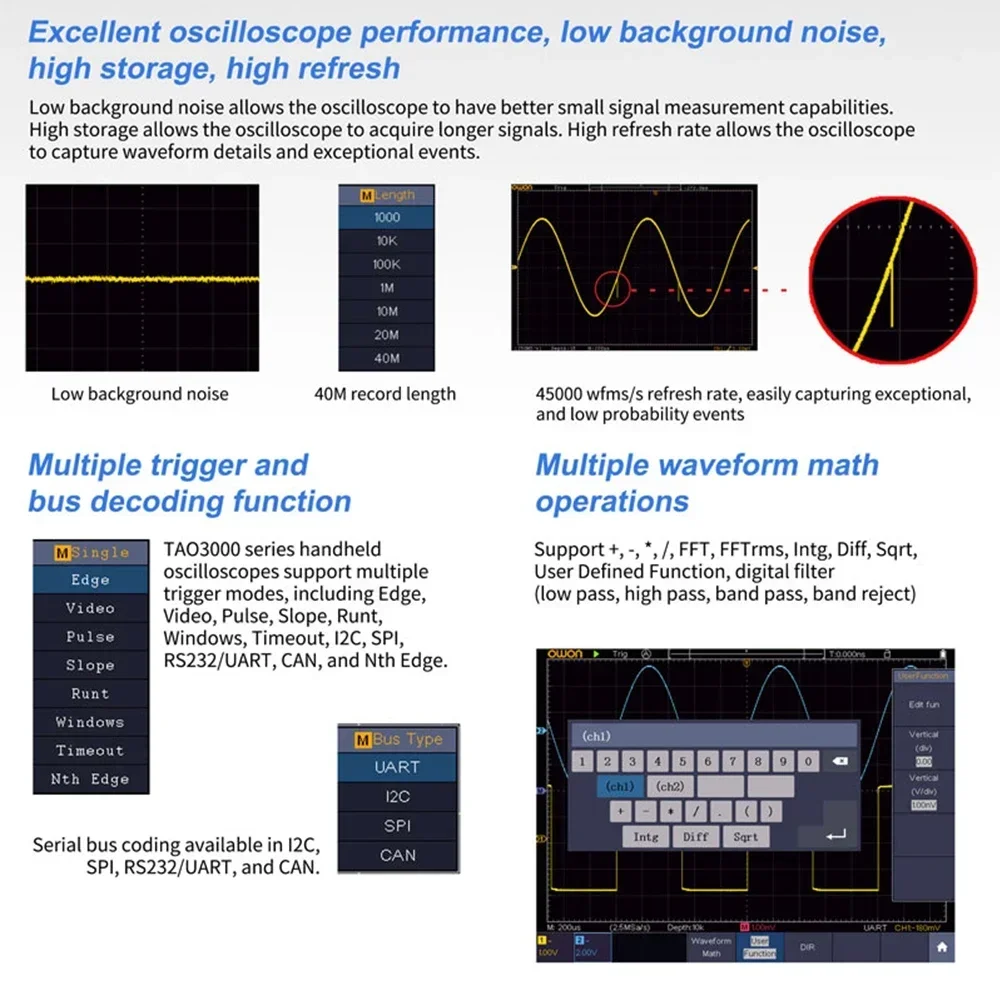 OWON Portable Tablet Oscilloscope 2CH 1GS/s 8 bits TAO3072 TAO3122 14-bits TAO3102A TouchScreen 70/100/120Mhz Digital Multimeter