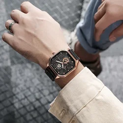 Men Quartz Watches Alloy Dial Business Men Watch PU Leather Strap Big Dial Square Sports Watch Cool Black Wristwatch for Man