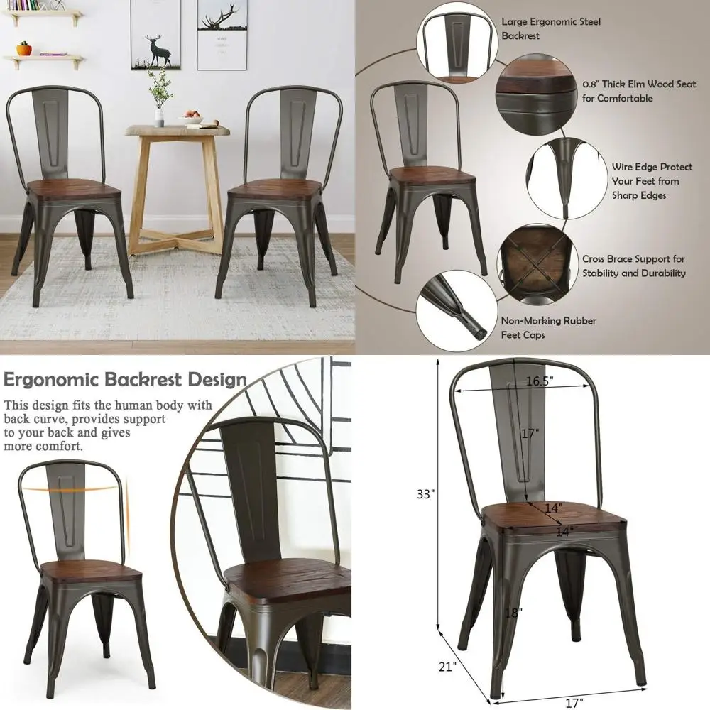

Vintage Industrial Style Stackable Metal Dining Chairs Set of 4 with High Backrest and Wood Seat for Kitchen or Bar Use