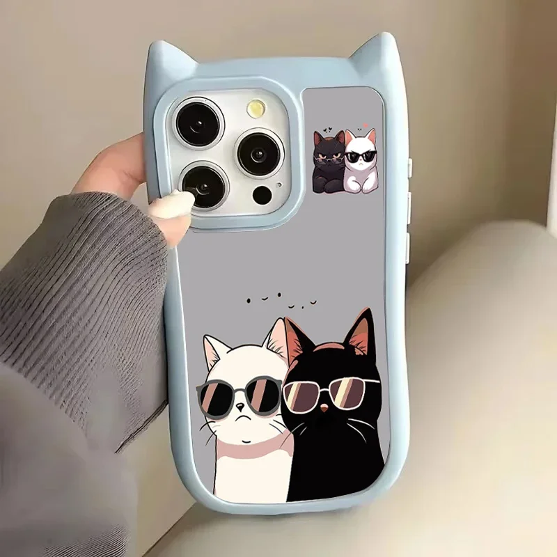 

Kawaii Cute Kitten Cat Ears phone case for iPhone 16 15 14 13 12 11 Pro/ Max/Plus shock-proof rear cover anti-fingerprint