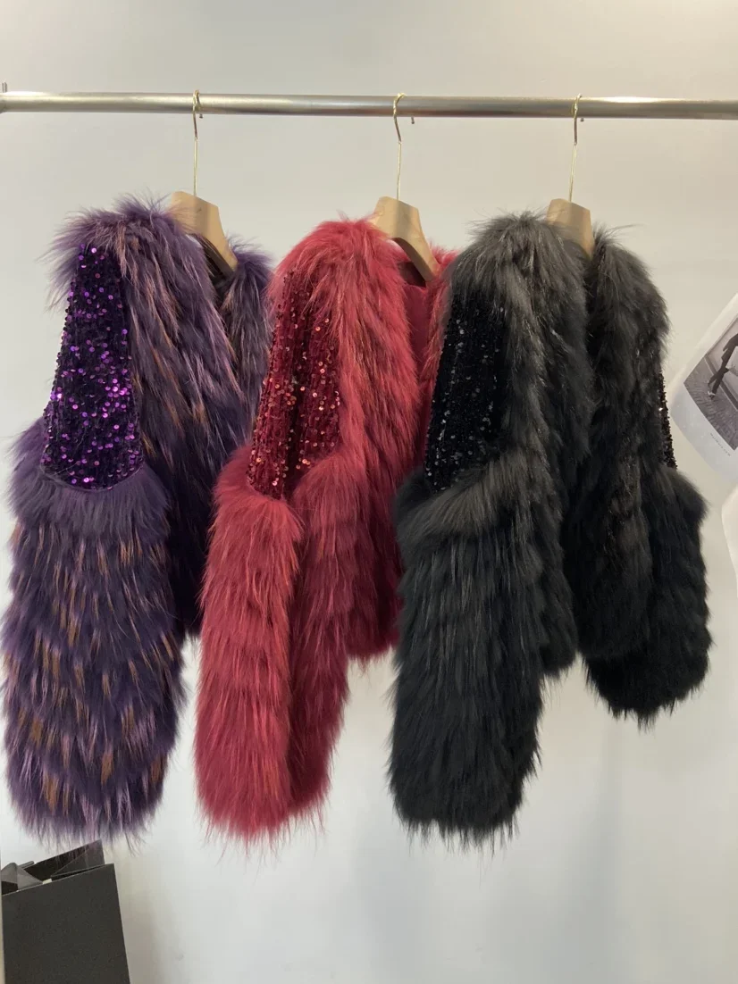 جديد الراكون الشعر سيارة شرائط معطف جلد فاخر خفيف للنساء + تصميم الترتر الصناعة الثقيلة