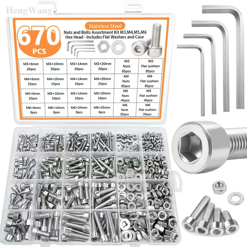 304 Stainless Steel Hex Socket Cap Head Screw Washer Nut Assortment Kit M3 M4 M5 M6 for FPV Drone 670Pcs