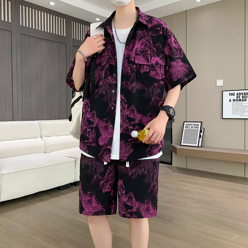 

2025 Summer Brand Fashion Men's Set Printing Casual Shirt Shorts 2 Piece Suit sportswear Sports Joggers