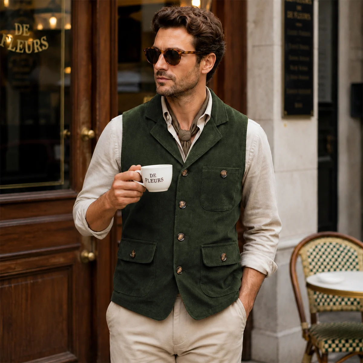 Men's Vintage Corduroy Suit Vest Lapel Waistcoat Adjustable Back Strap Sleeveless Business Casual Gilet with Multi Pockets