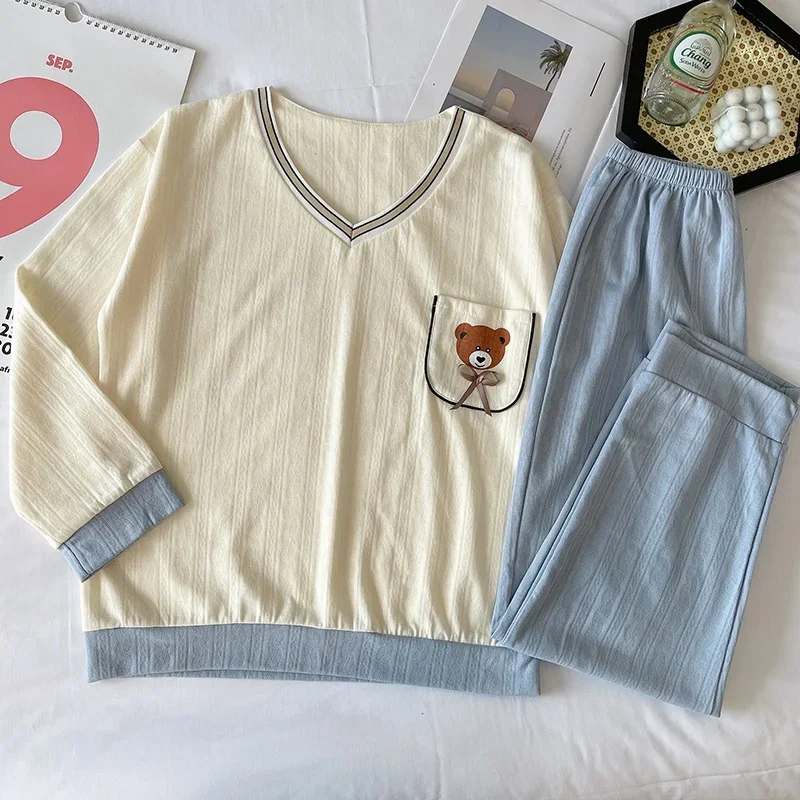 Conjunto de Pijama de algodón de manga larga con cuello en V para Mujer, ropa de dormir coreana, bonita, para el hogar, primavera, 2024