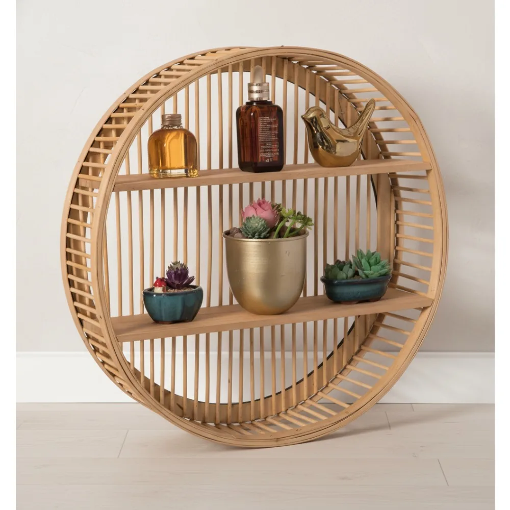 

Decorative Rattan Round Wall Shelf with 2 Shelves for Living Room, Dining Room, Office - Space Saving Organizer