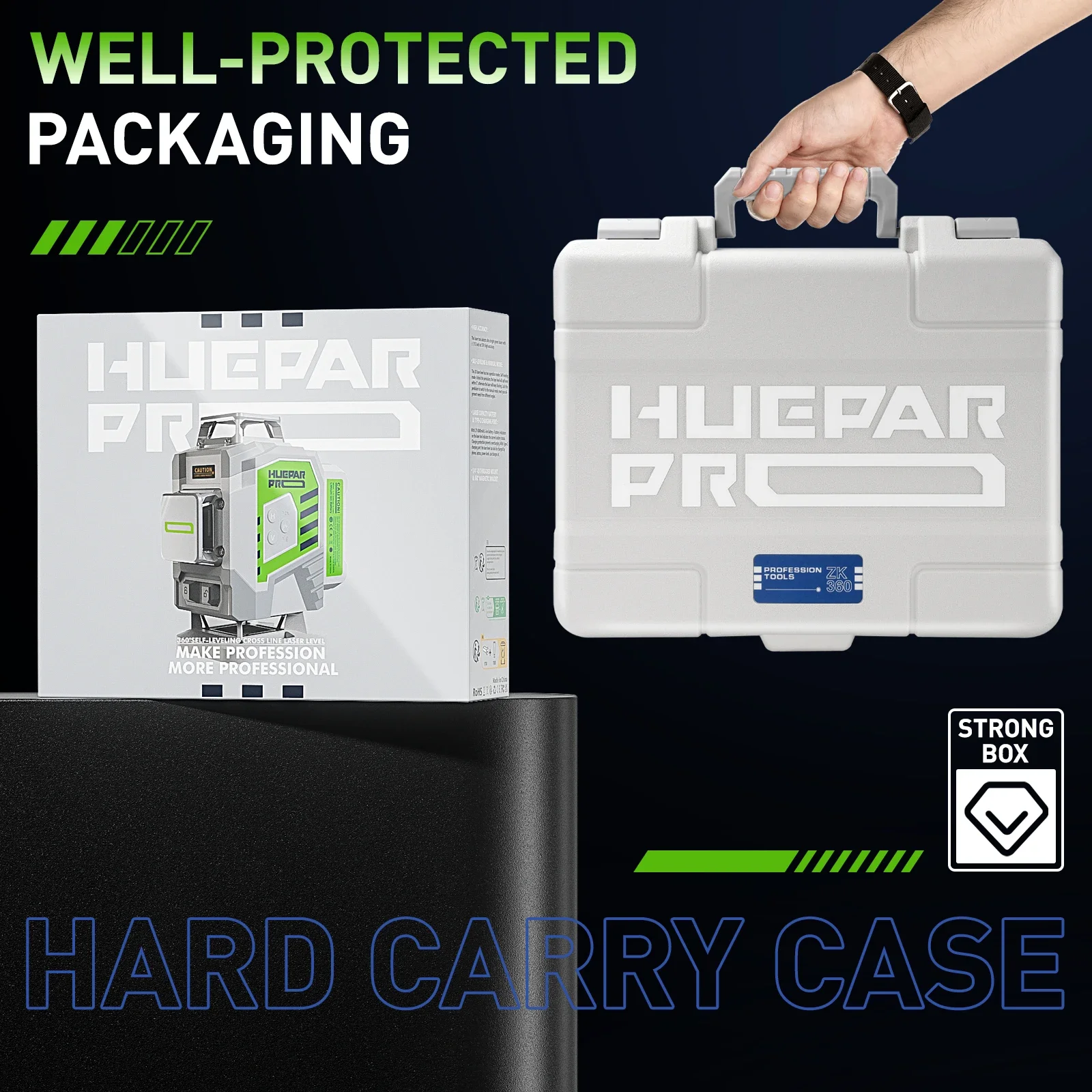 Huepar High Accuracy 3D Laser Level Professional 12 Lines Self Leveling Green Beam Cross Line Laser Tool &8000mAh Li-ion Battery