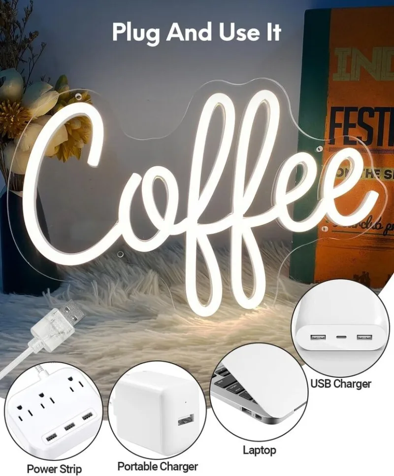 Coffee Neon Sign LED Neon Signs for Coffee Shop Custom Shop Signage for Coffee Drink Cafe Bar USB Powered Home Wall Decor Light