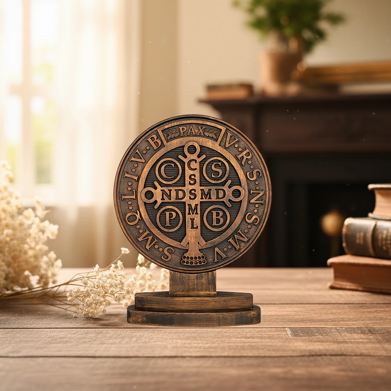 Hand-Carved Vintage Saint Benedict Medal Wood Plaque Double Sided Engraving With Base Religious Tabletop Statue Ornament Catholi