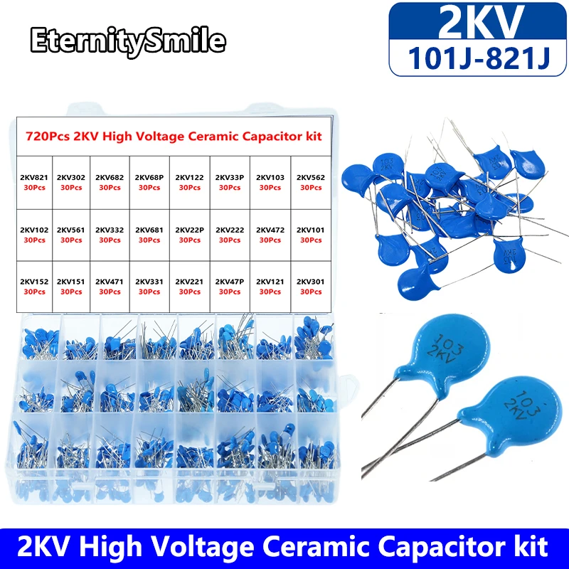 

720Pcs/ Box 2KV High Voltage Ceramic Capacitor Kit 821 302 682 68P 122 33P 103 562 102 561 332 681 22P 222 472 101 152 151 471