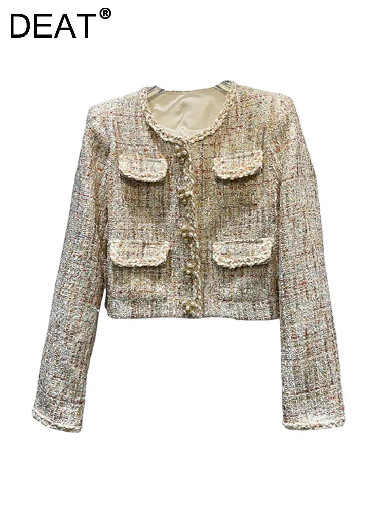 

DEAT Women's Elegant Coat O-neck Weaving Edge Pearls Pearls Buttons Tweed Short Champagne Jacket Autumn New Fashion 2024 11A0993