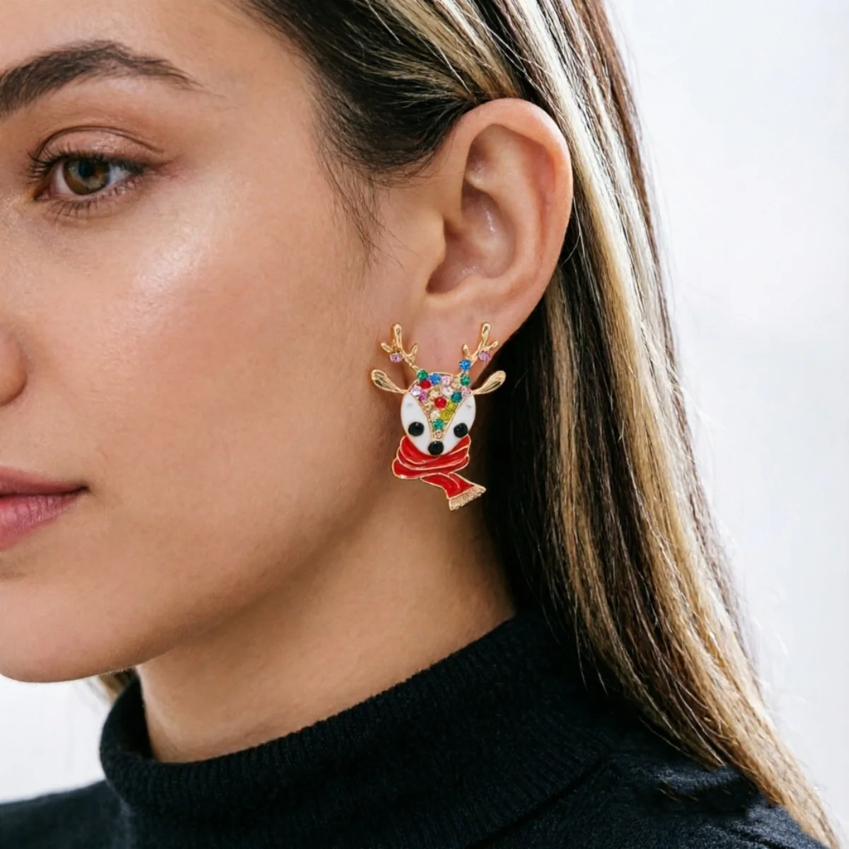 Weihnachtliche Zierliche Ohrringe mit Rotem Schal und Hirschmotiv für Damen, Bunte Strass-Rentier-Elch-Tier-Ohrringe, Neujahrs-Schmuck – Detail 15