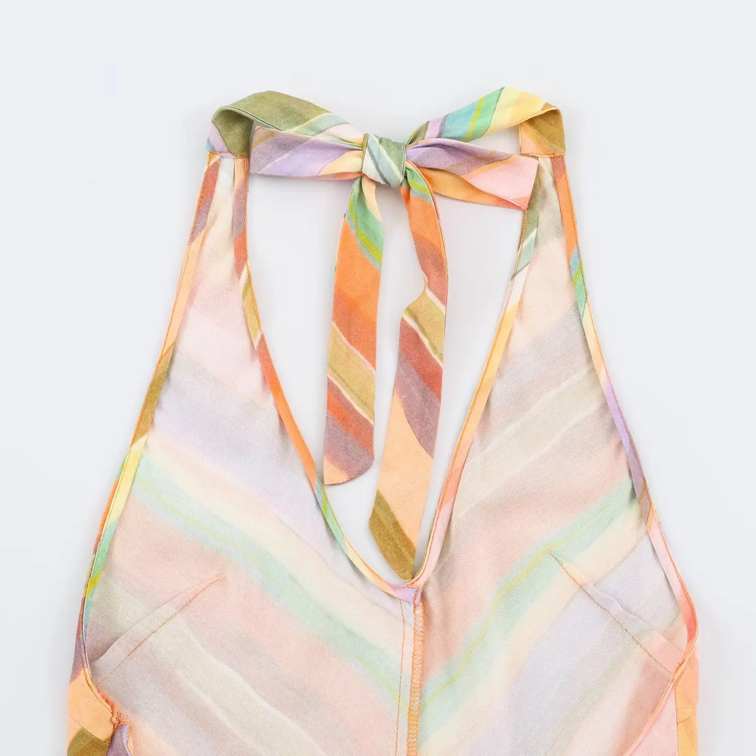 BSAY Damen-Maxikleid mit Neckholder, V-Ausschnitt, bunter Chevron-Streifendruck, ärmellos, langes Kleid mit Rückenbindung, Sommer-Strandurlaub-Sonnenkleid – Detail 5