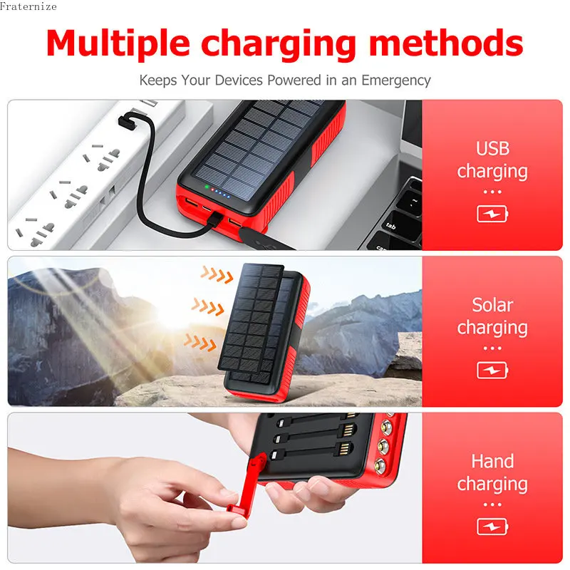 Solar Power Bank 60000mAh Portable quick solar Charger External Battery Pack Built-in Cables Flashlight outdoor Hand shake Power