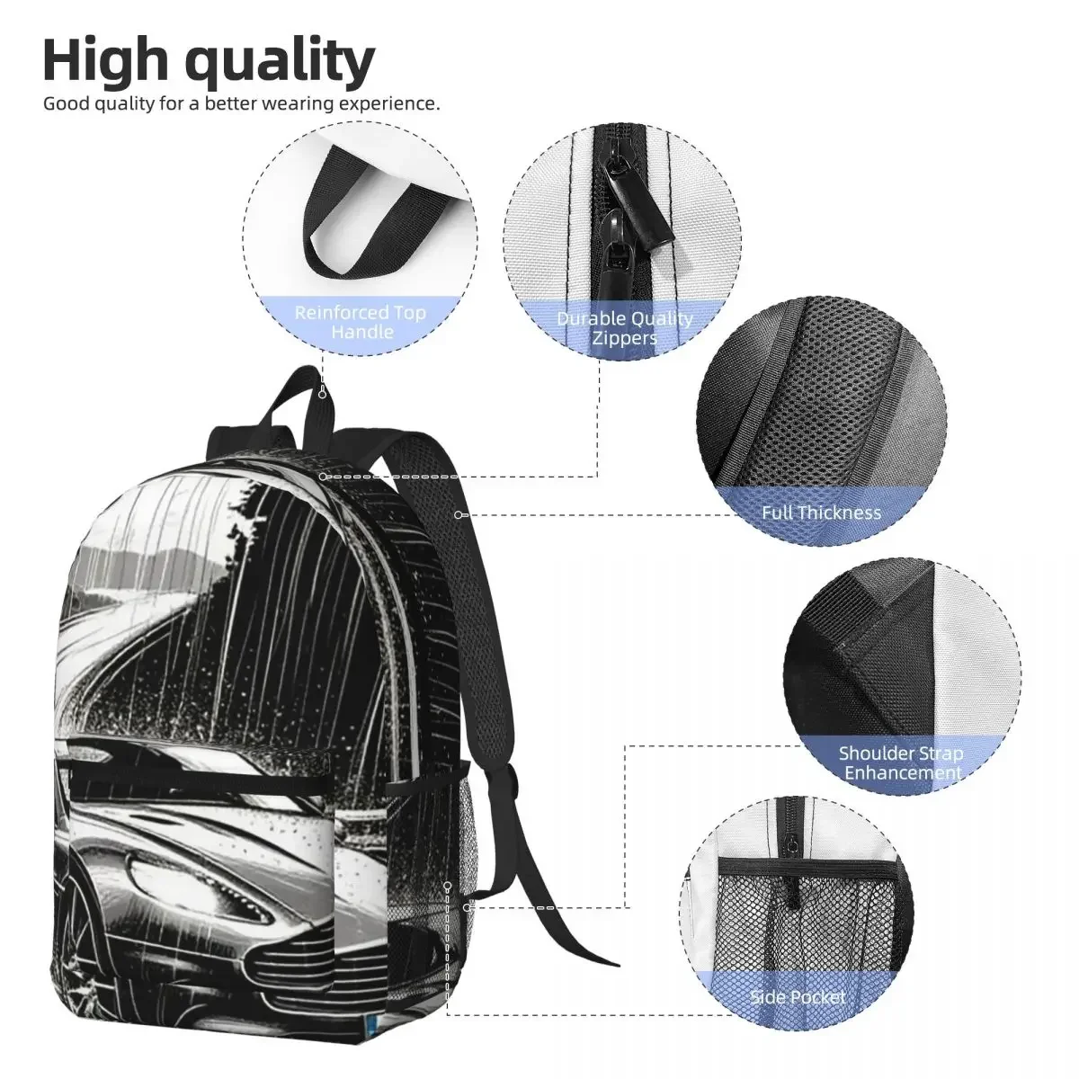 Black White Car In Smoke Water Reflection Backpack Daypack Large Capacity Kids BookBag School Bag Shoulder Bags for Men Women