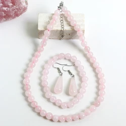 3PCS Natural Stone Rose Quartz Round Beaded Necklace Bracelet Earrings Jewelry Set Boho Women's Sweet Handmade Accessories