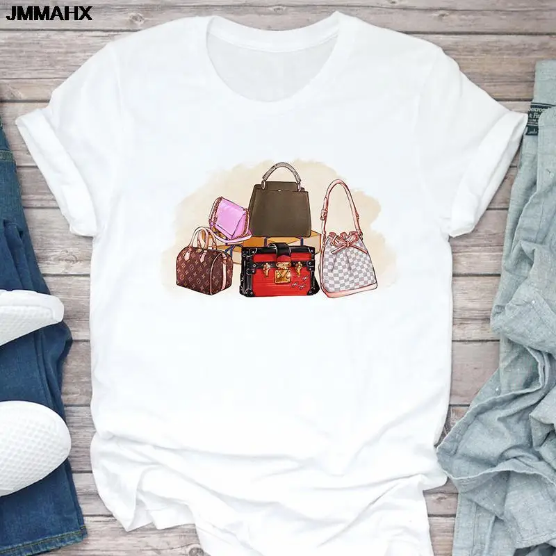 Harajuku Women's T Shirt Summer Fashion Girl Bag Printed Ladies T-shirt Casual Short Sleeve Female Clothing Top Tee White Tshirt