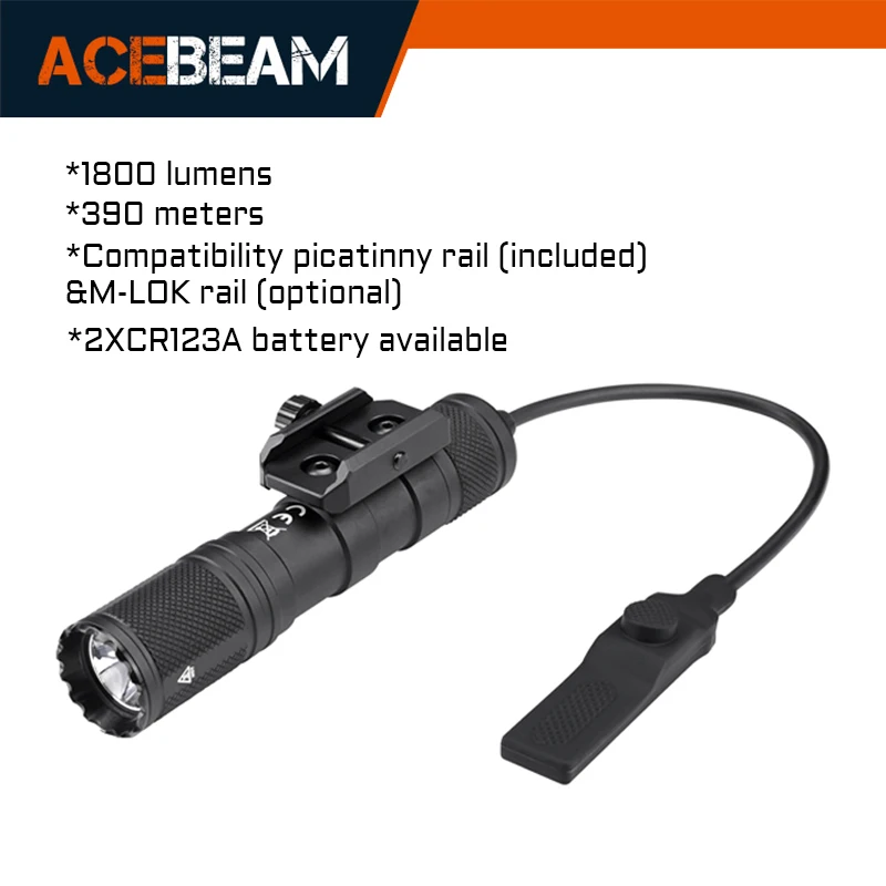 ACEBEAM G15 rail-mounted light tactical flashlight 1800 lumens 390 meters 18650 rechargeable battery  compatibility MIL-STD-1913