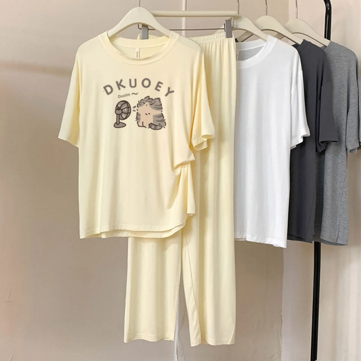 DC09 모달 반팔 바지 파자마 여성 스윗 귀여운 고양이 2025 여름 신상 캐주얼 홈웨어 세트