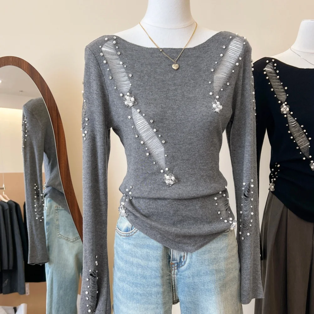 Baddie Style Irregular Hole Breaking Hollow Long Sleeve Knitted T-shirt Women's Fitting Slim Beaded Flowers Round Neck Inner Top