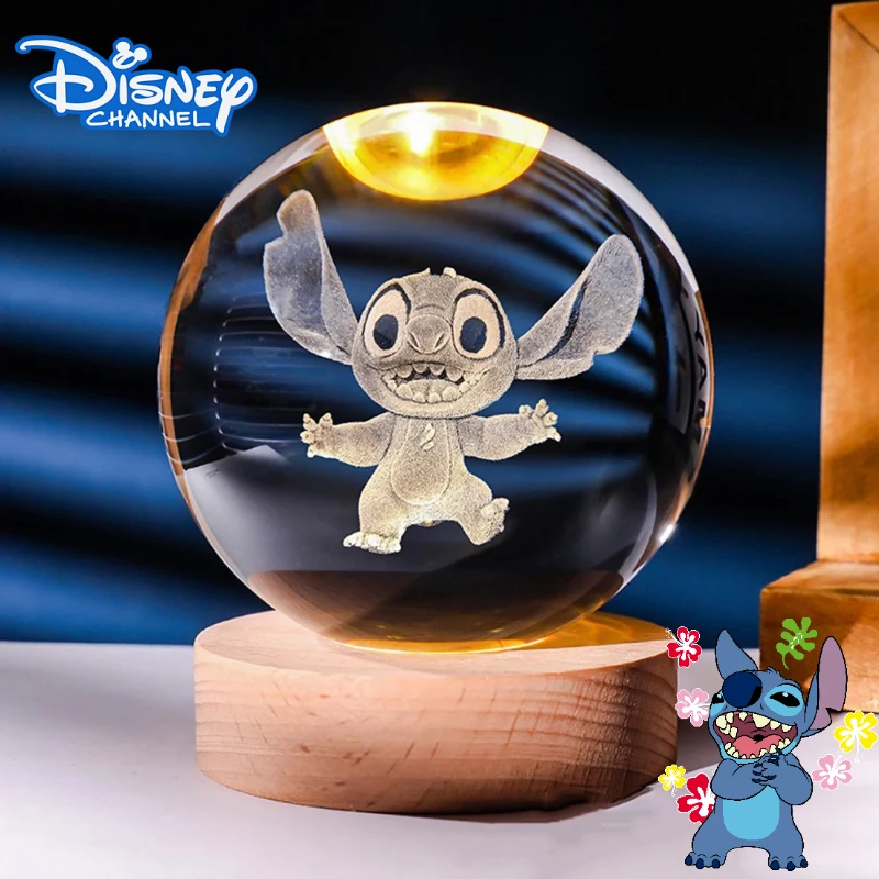 

New 6cm Disney Stitch 3D Crystal Ball Warm Light Cartoon Figure Kawaii Wooden Base Laser Carving Home Decoration Children Gifts